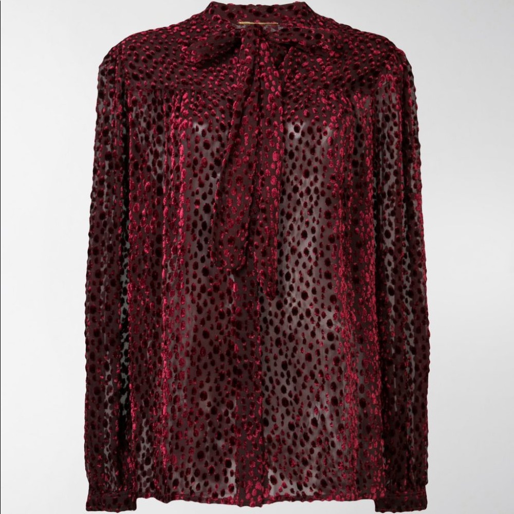 Saint Laurent Burgundy Velvet Pussy Bow Blouse